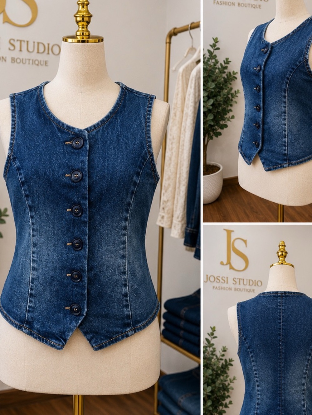 Dark Wash Denim Button-Front Vest | Sleeveless Fitted Top